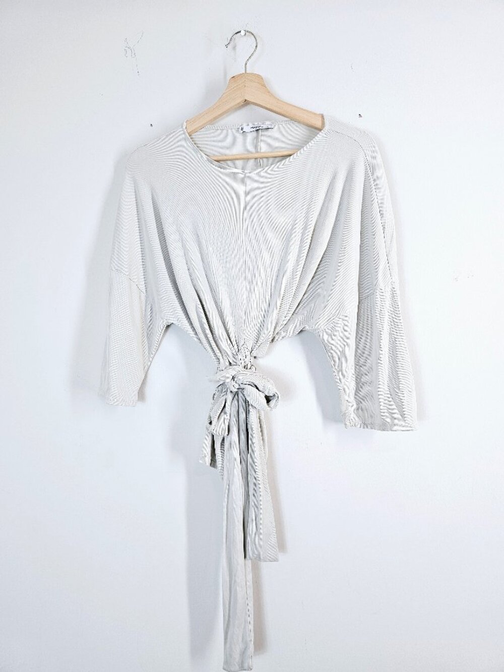 Mango MNG Beige Flounce Sleeve Peplum Wrap Boat Neck Woven Knit Top Size M